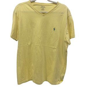 POLO RALPH LAUREN Men's Short Sleeve Solid YELLOW V-Neck T-Shirt Blue Logo LARGE